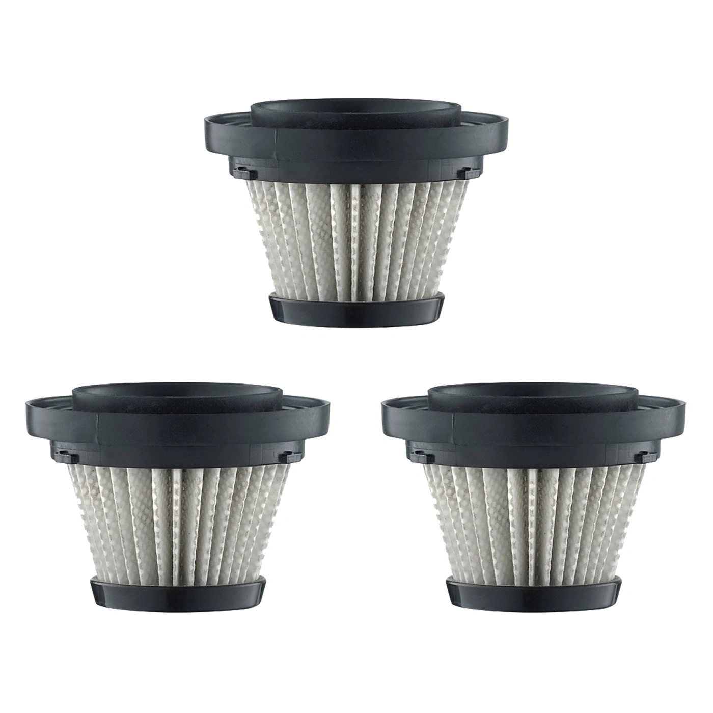 Trois filtres d'aspirateur noirs sur fond blanc, propres et neufs