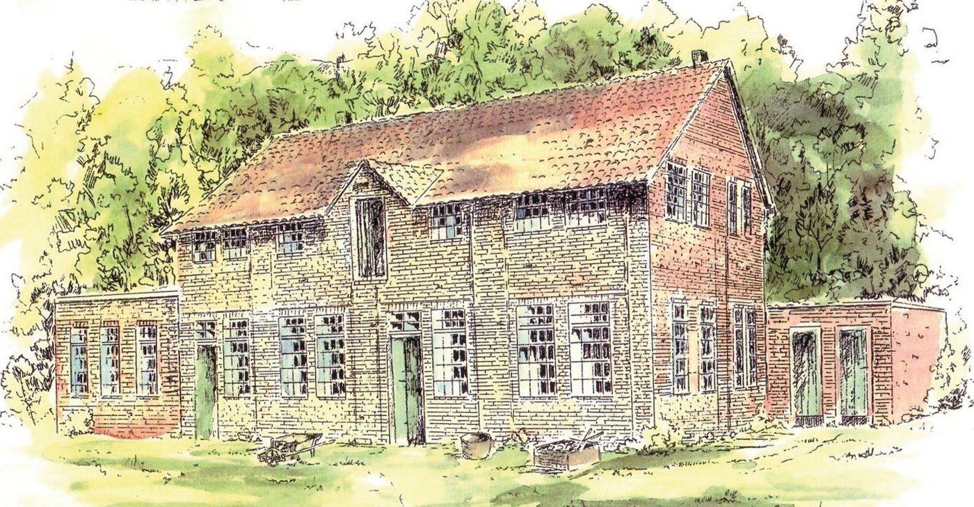 Maison dessinée avec des briques, des arbres et de l'herbe. Un vieux bâtiment.