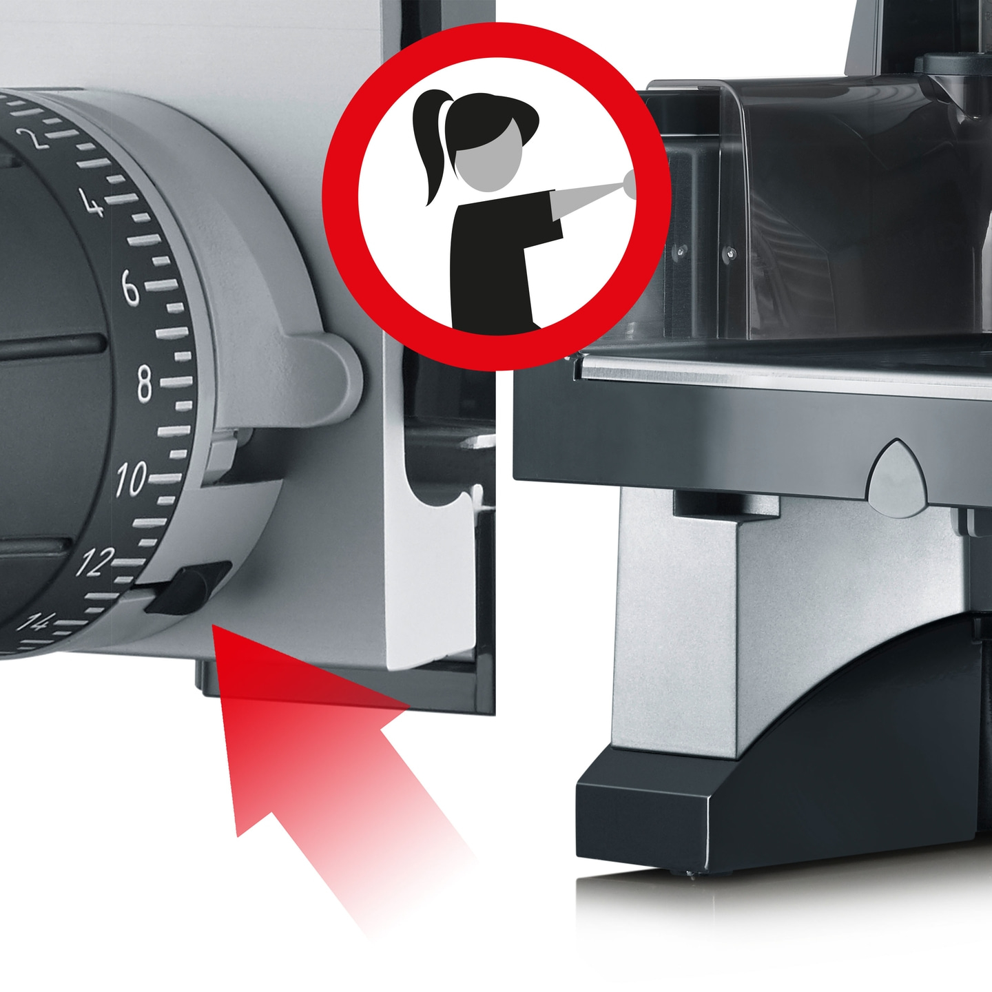 Panneau d'avertissement avec une femme tendant la main vers l'appareil.