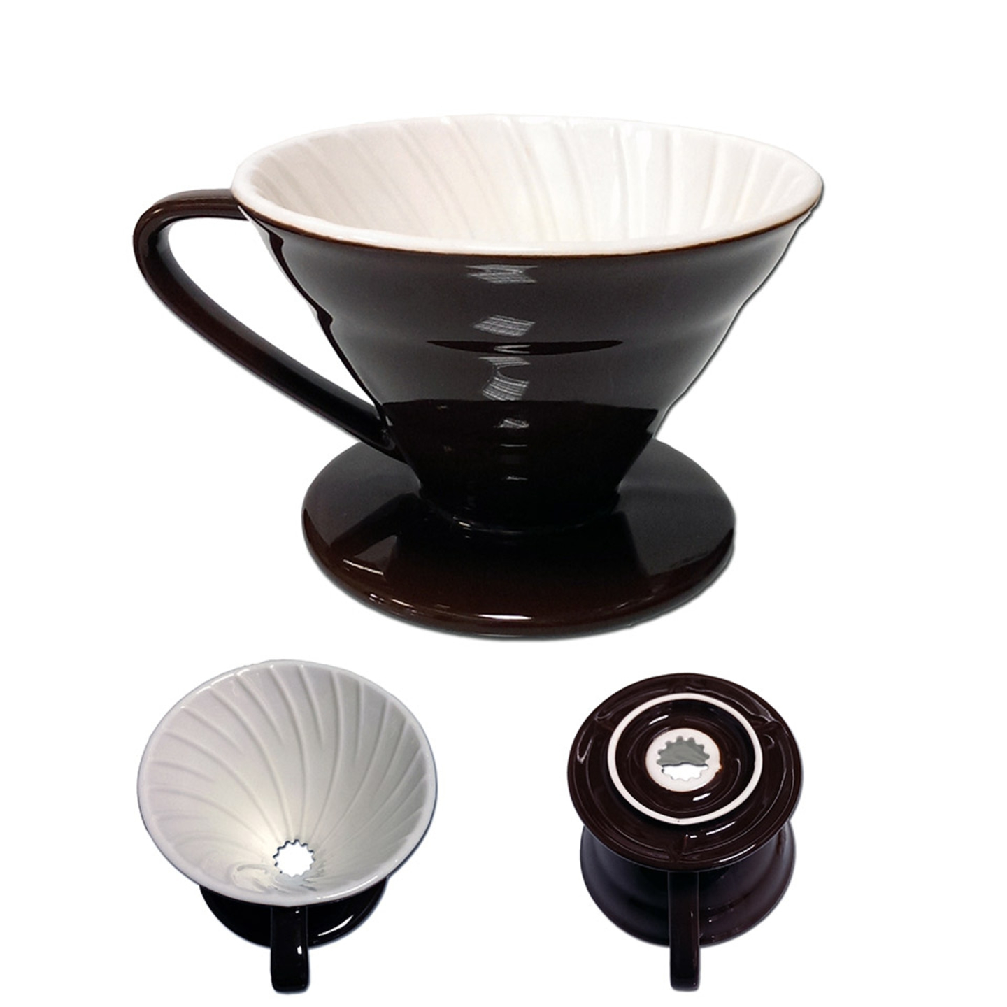 Brown ceramic coffee filter, handle, white interior, three views, brewing