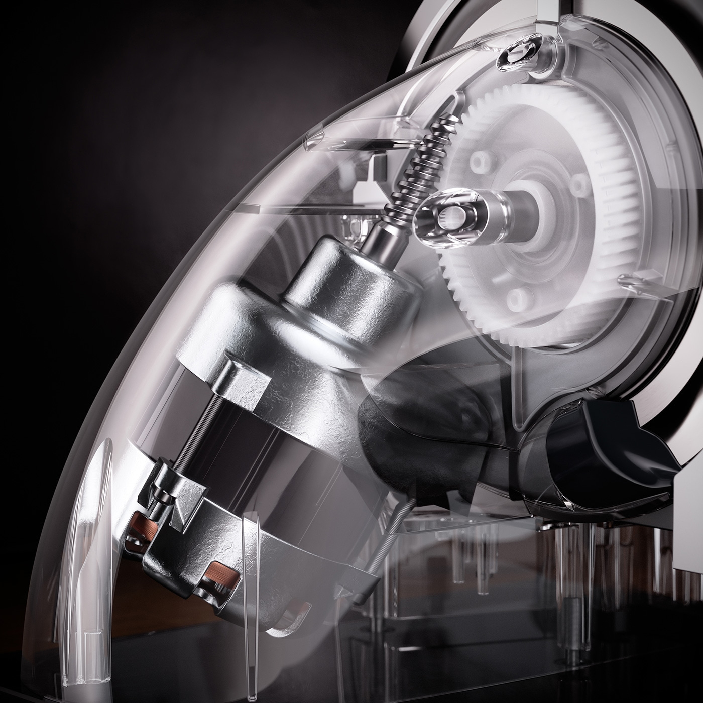 Machine transparente avec engrenages et moteur, gros plan, technologie, pièces mécaniques