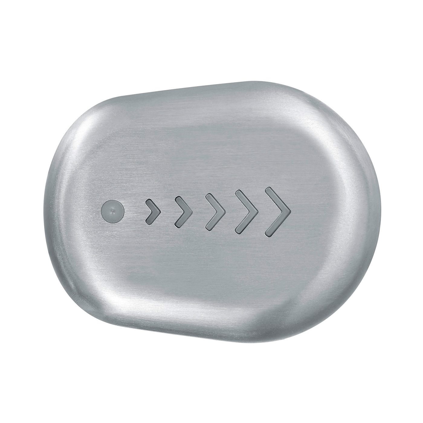 Bouton ovale gris avec flèches et point, surface métallique, design simple