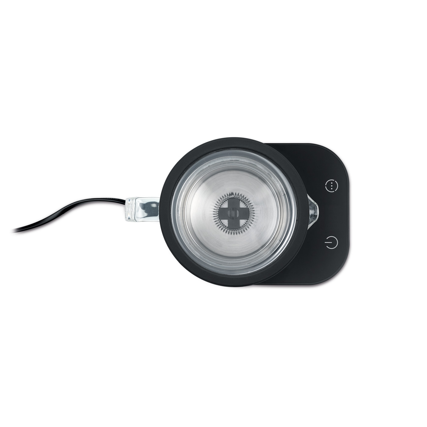 Mousseur à lait noir avec cordon d'alimentation et panneau de commande avec symboles.