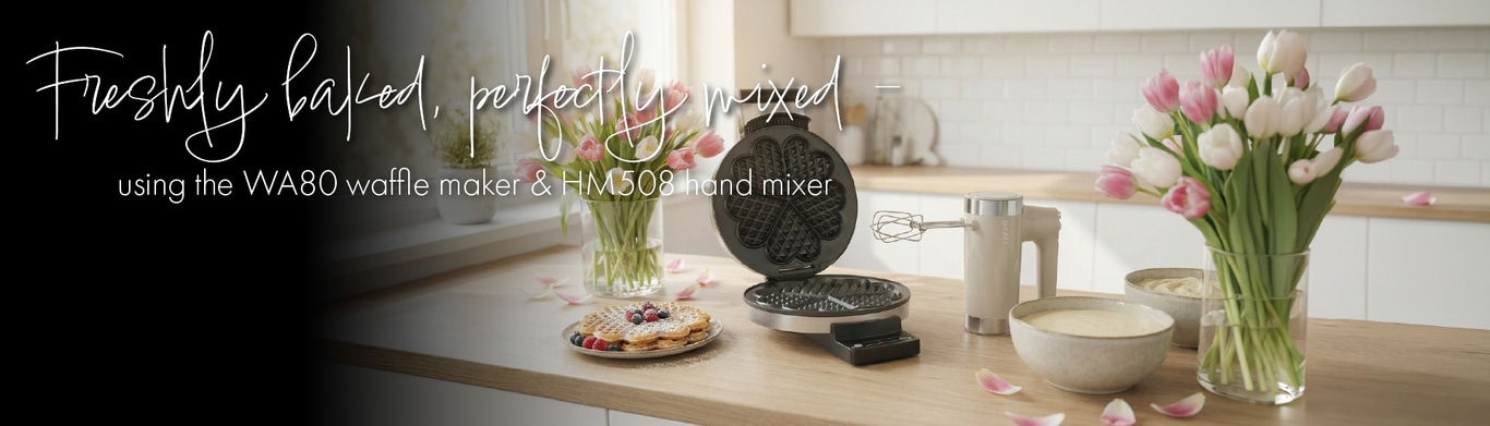 Waffle maker and hand mixer with tulips and waffles