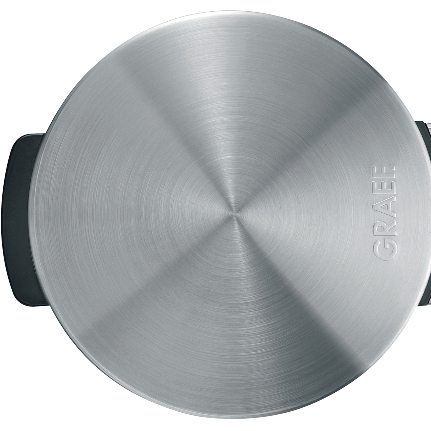 Round silver Graef appliance, brushed metal, handles, top view, kitchenware