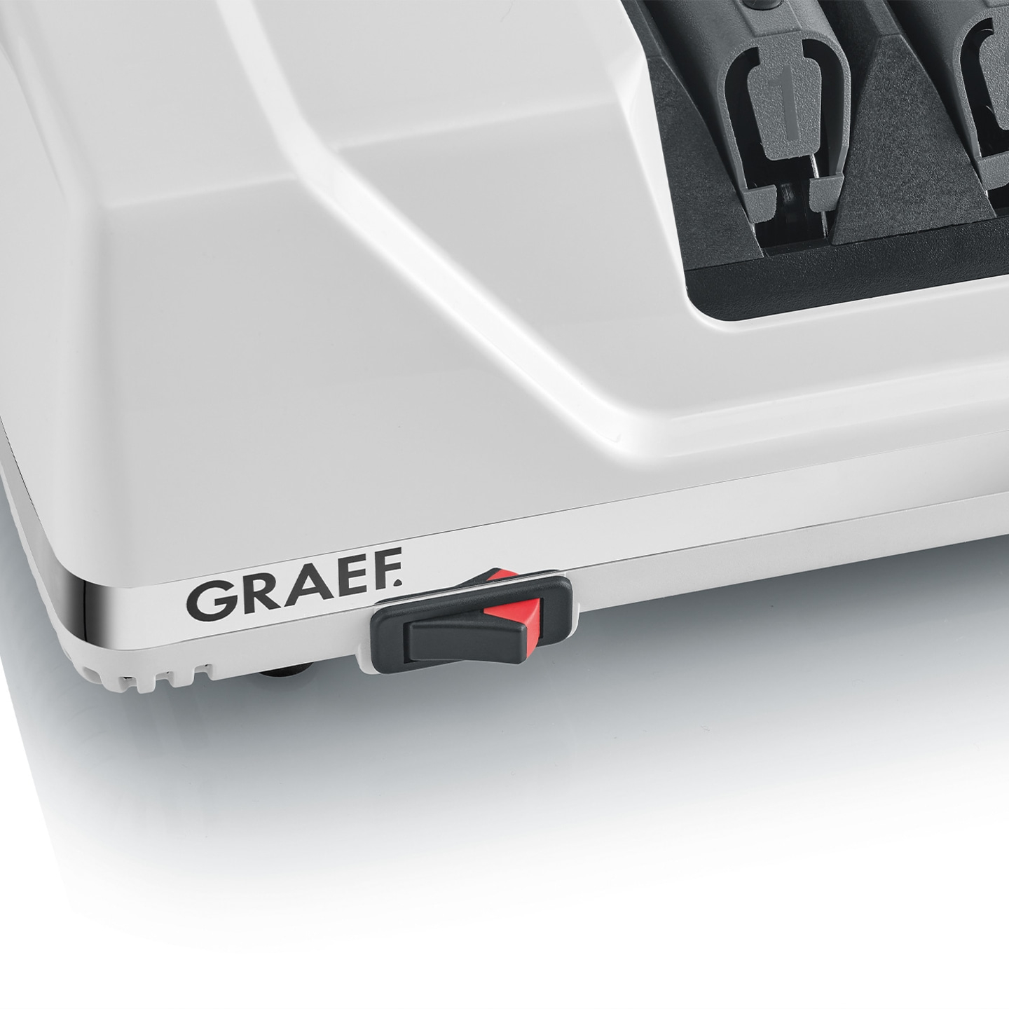 Graef knife sharpener, white, red switch, close-up, detail shot, appliance