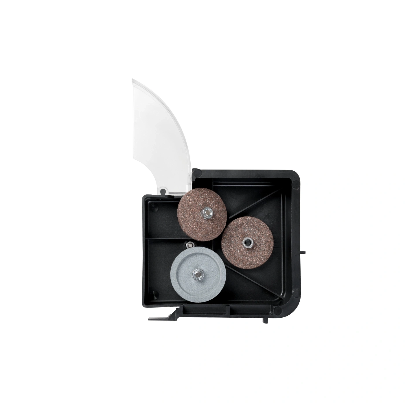 Close-up of a grinding machine with three grinding wheels and a protective device