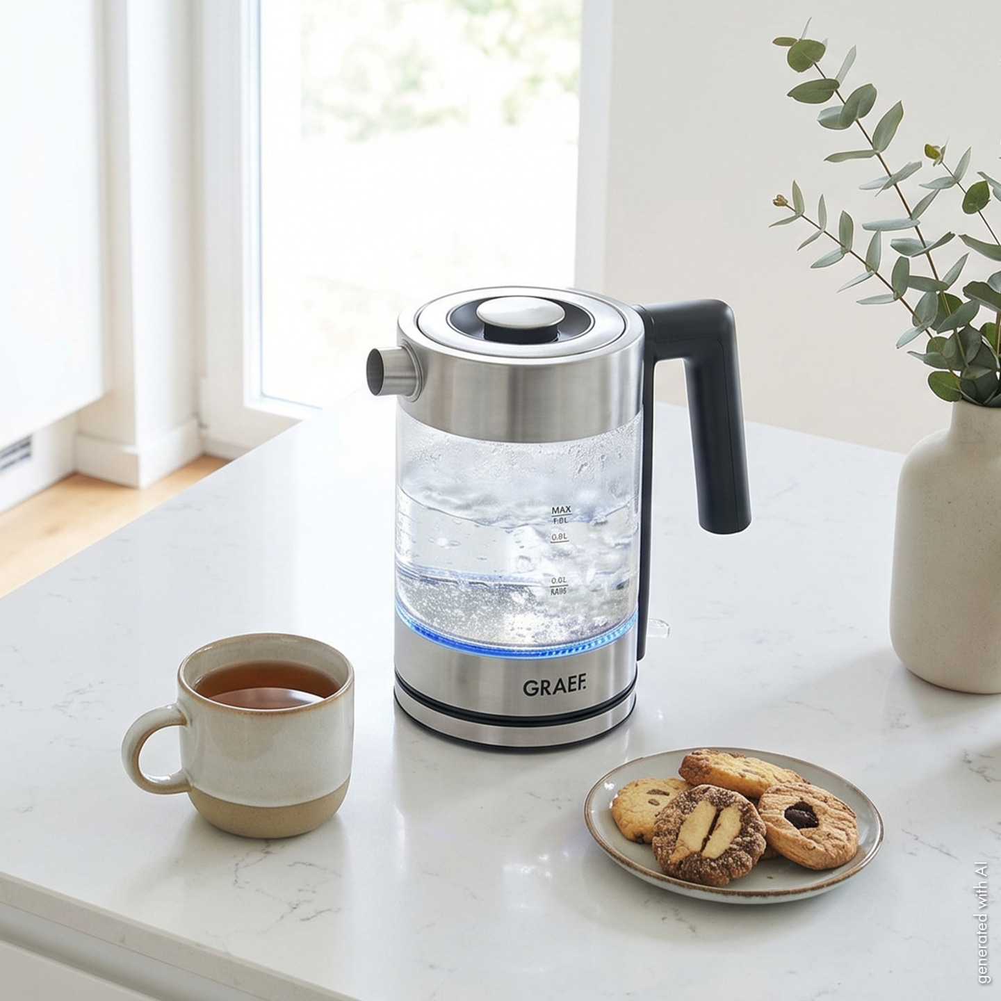 A kettle with a cup and cookies on a marble countertop.