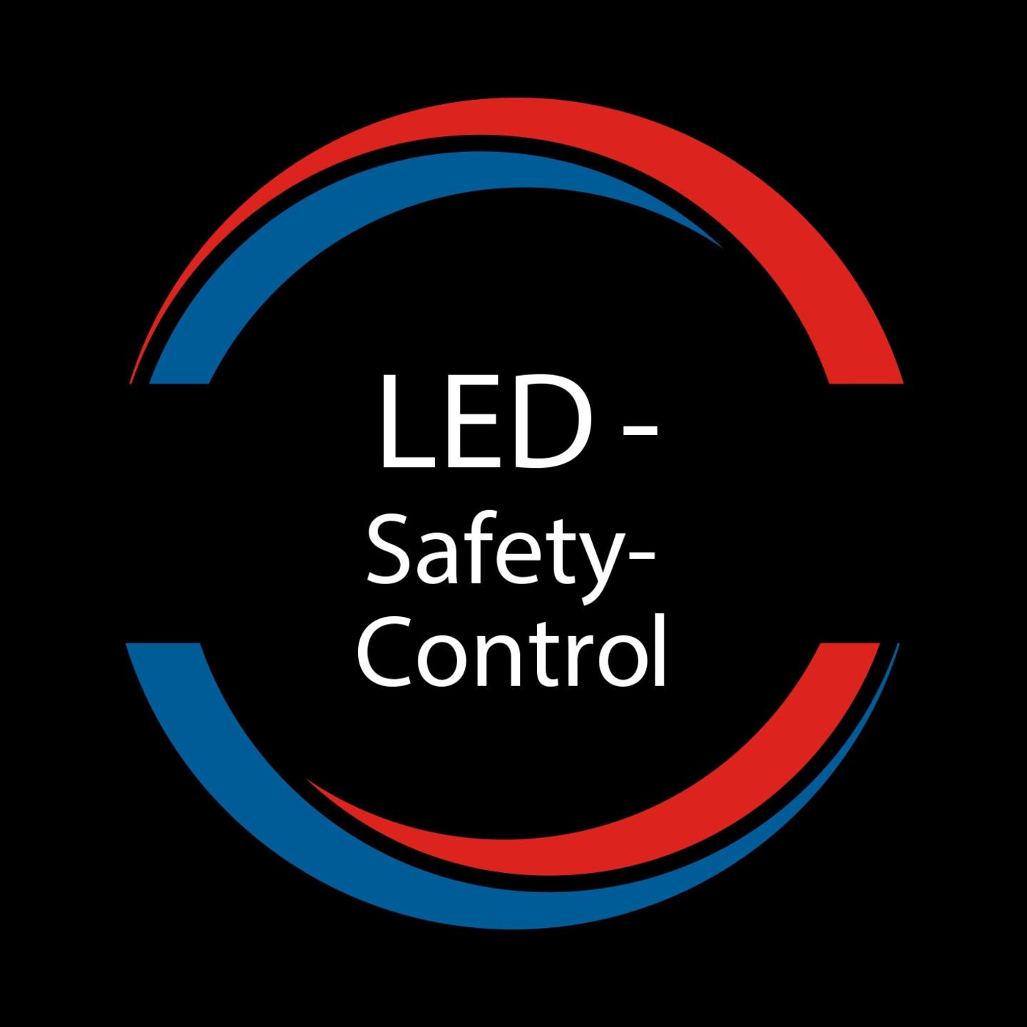 Logo LED Safety Control avec arcs bleus et rouges sur fond noir