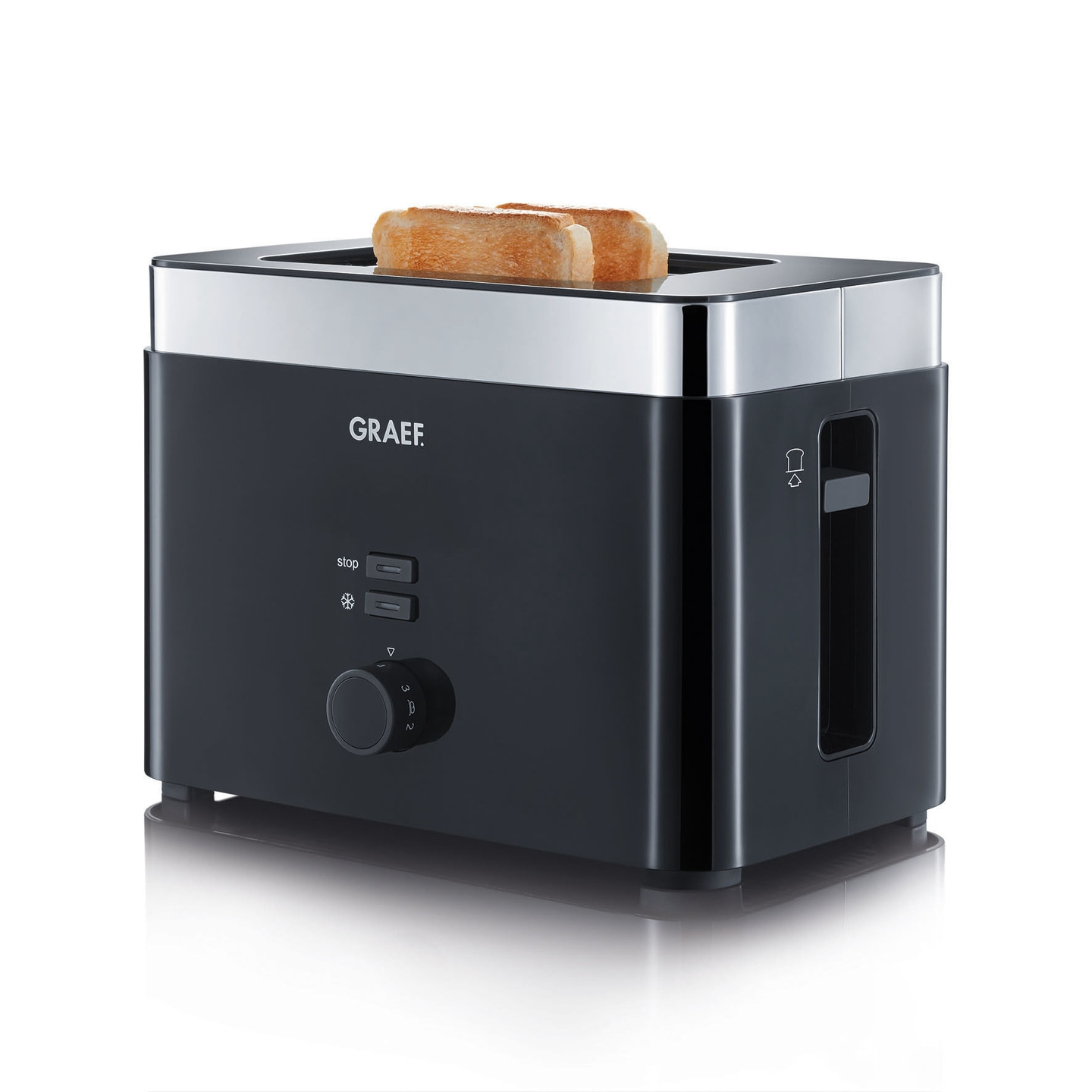 Black toaster with two slices of toast, GRAEF brand, control panel visible.