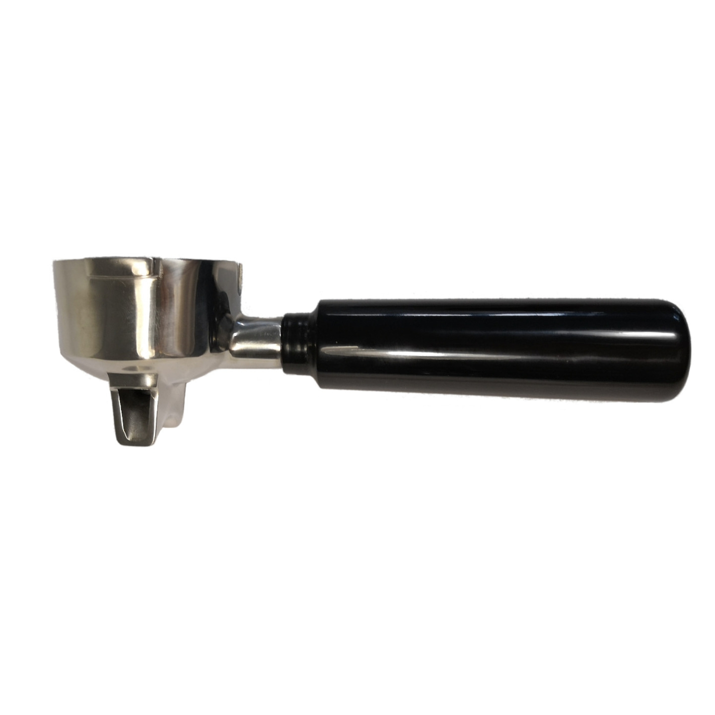 Espresso portafilter with black handle, polished metal, and white background