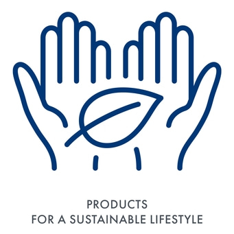 Mains tenant une feuille, produits pour un mode de vie durable, logo bleu