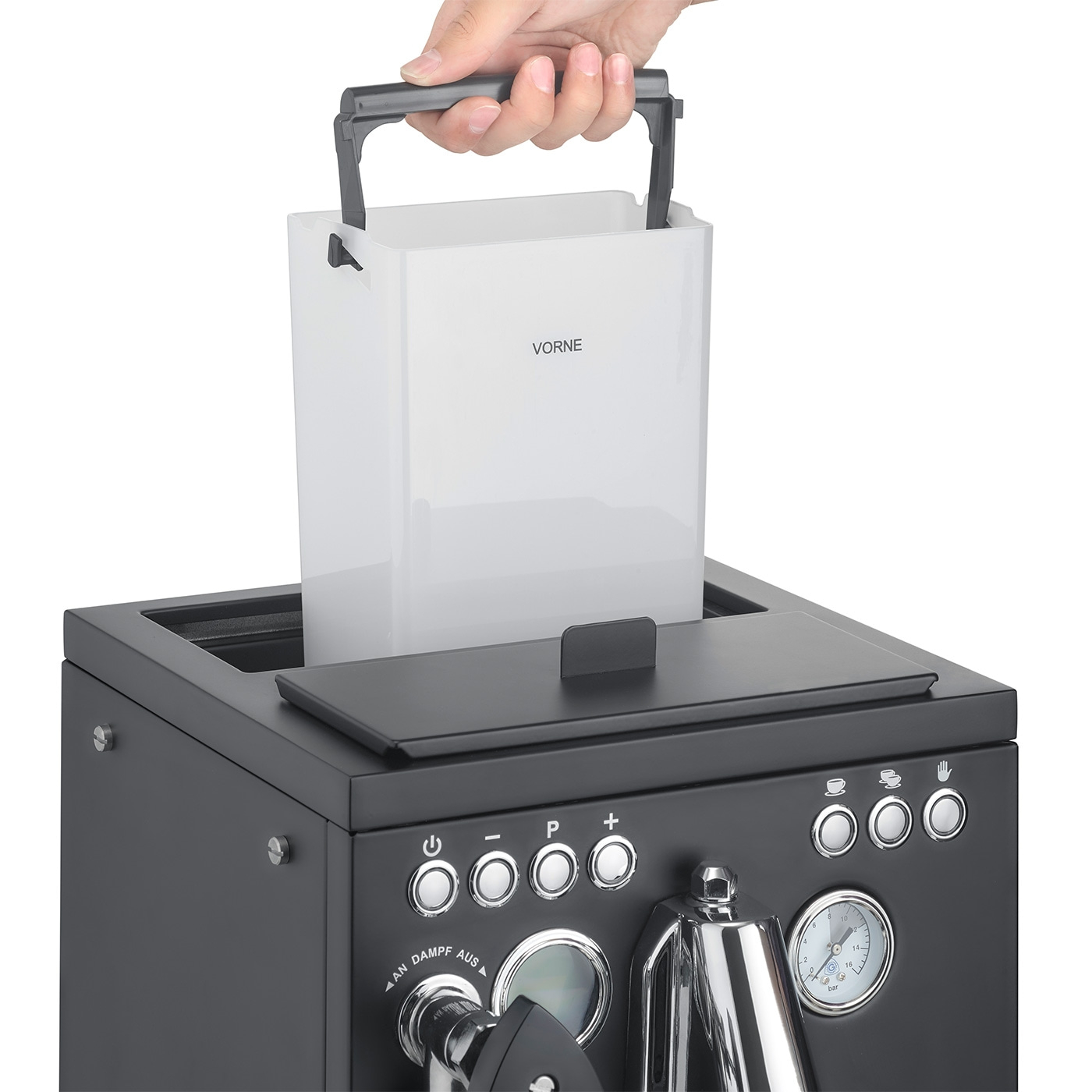 Coffee machine with water tank being lifted by hand, featuring buttons and gauges on the front panel.