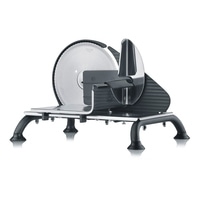 Affettatrice elettrica con grande lama circolare e alloggiamento nero.