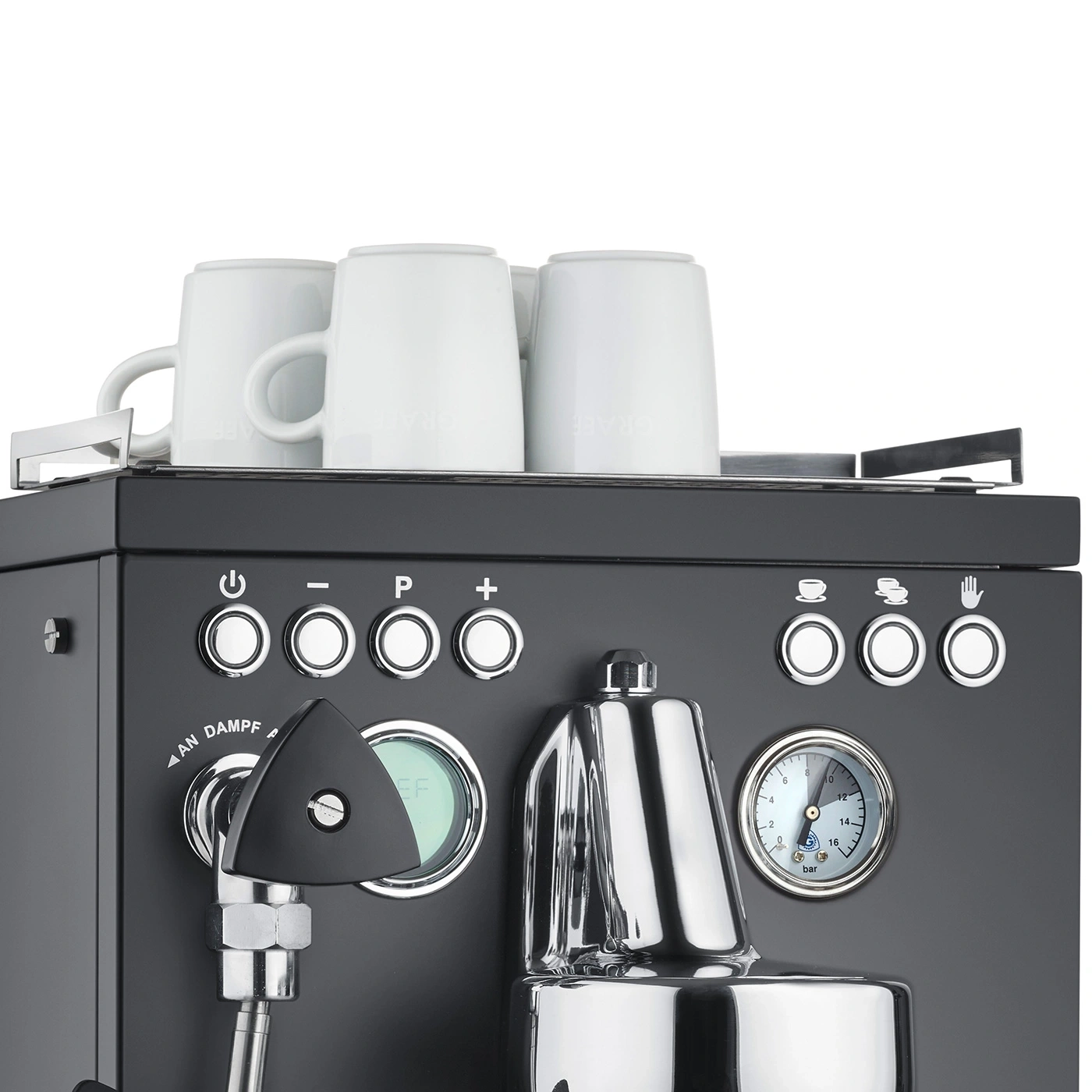 Macchina per espresso con tazze, pulsanti e manometro. Colore nero.