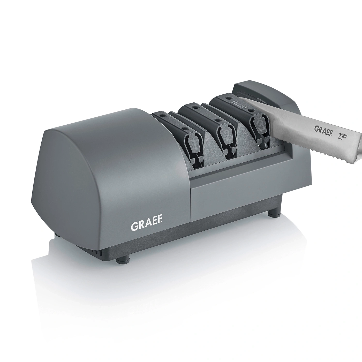 Affûteur de couteaux électrique Graef, gris, avec couteau, pour affûter les couteaux