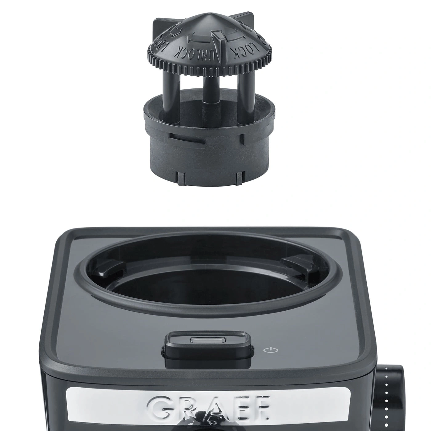 Coffee machine with removable lid and control panel, close-up shot