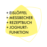 Yellow triangle with text: ice cream spoon, measuring cup, recipe book, yogurt function