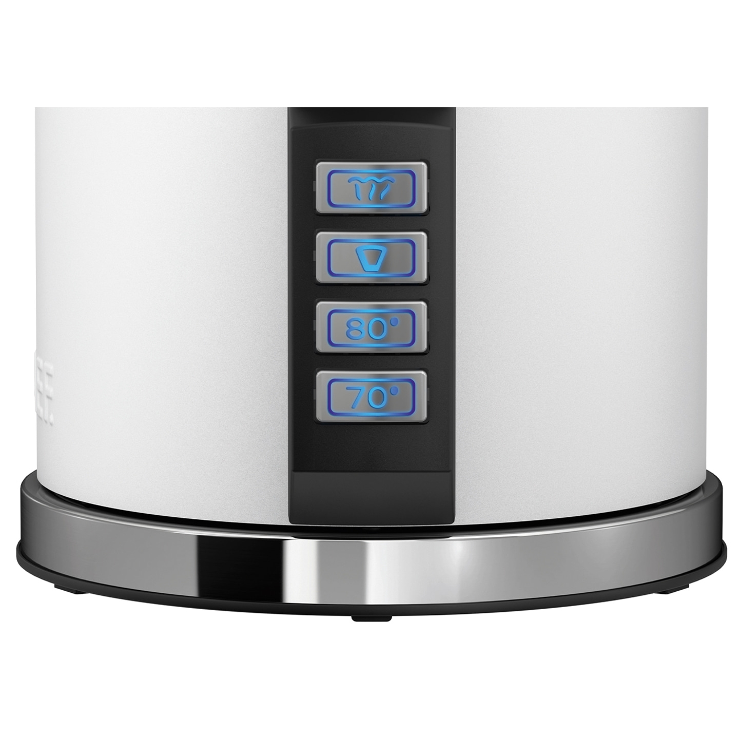 Kettle with temperature settings and blue lights, white and silver design