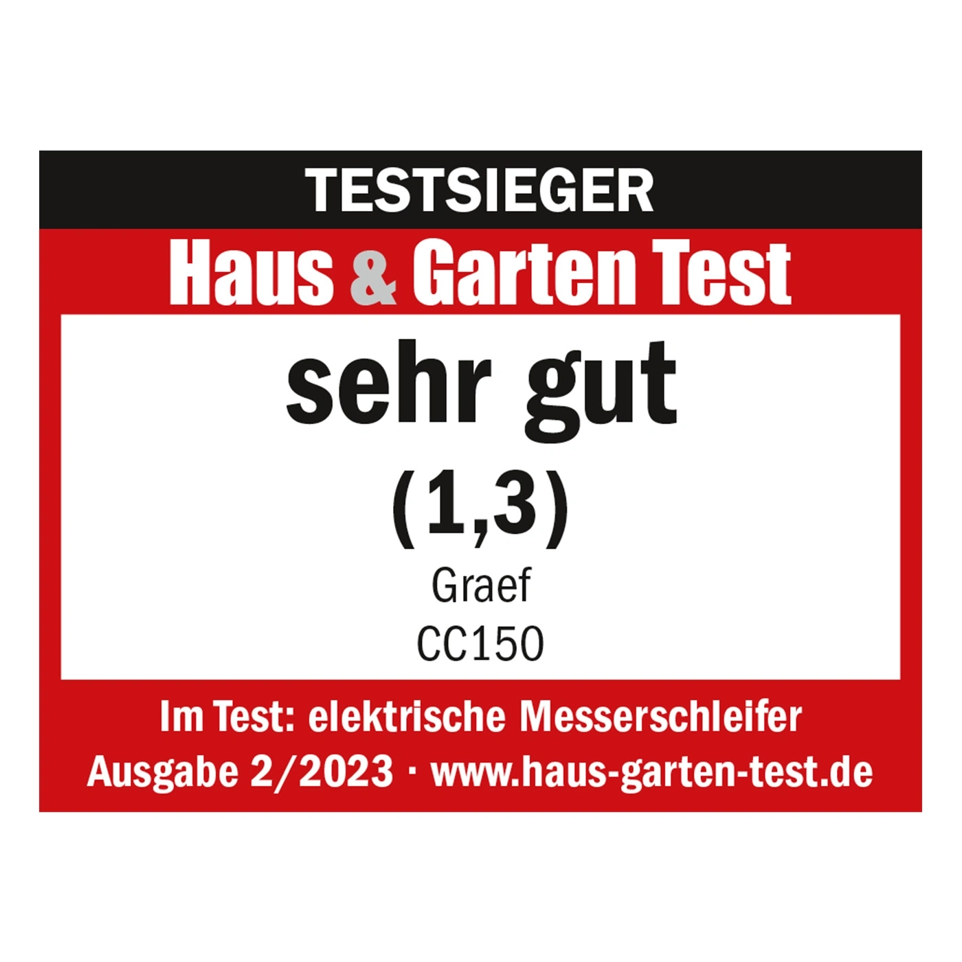 Récompense de test pour affûteur de couteaux électrique, très bien noté par Haus & Garten Test.