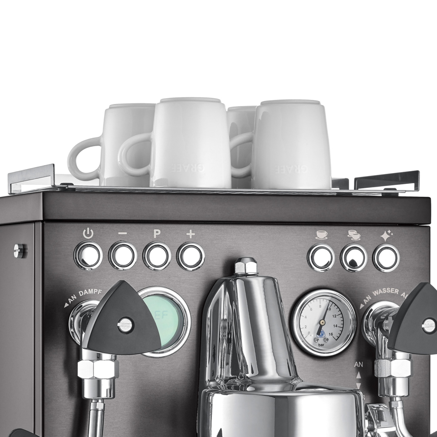 Macchina per espresso con tazze, pulsanti e manometri. Design nero.