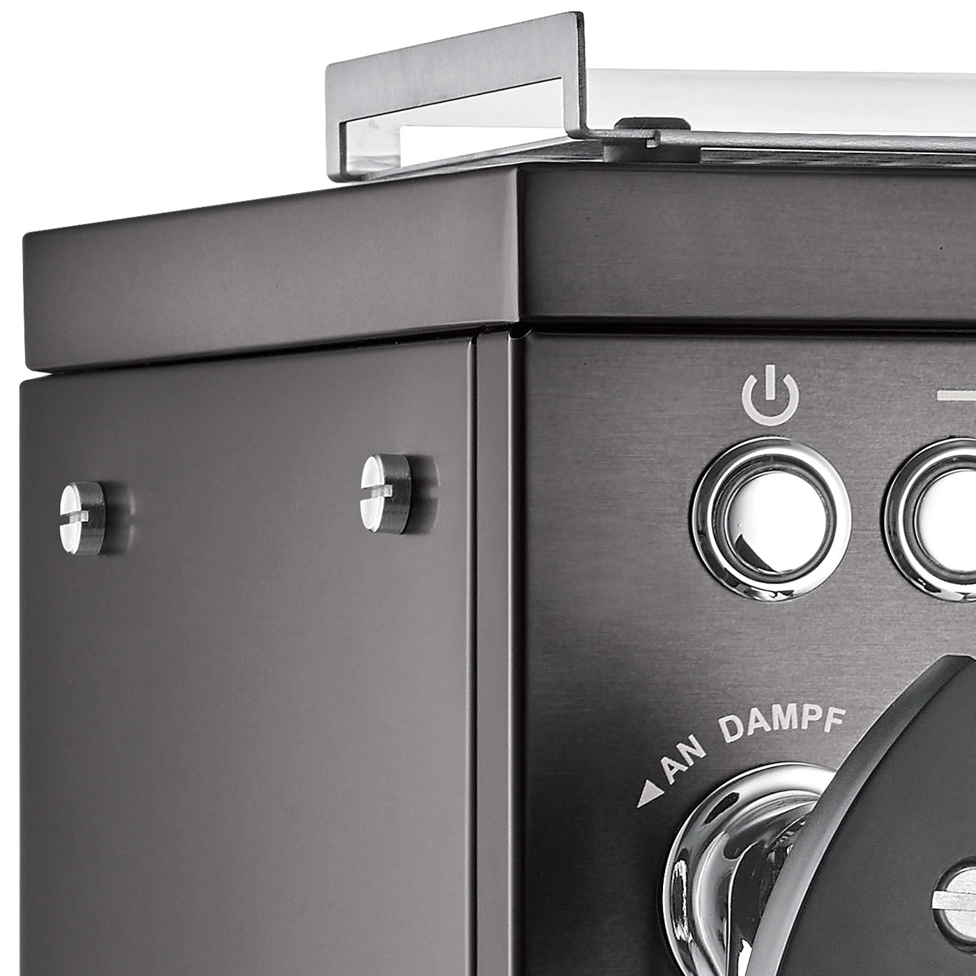 Close-up of a coffee machine with buttons and a steam function.