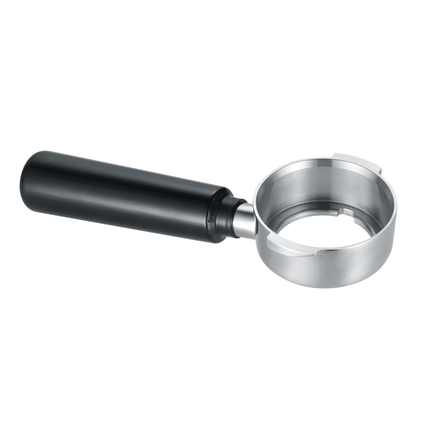 Black handled and silver coffee portafilter for espresso machine
