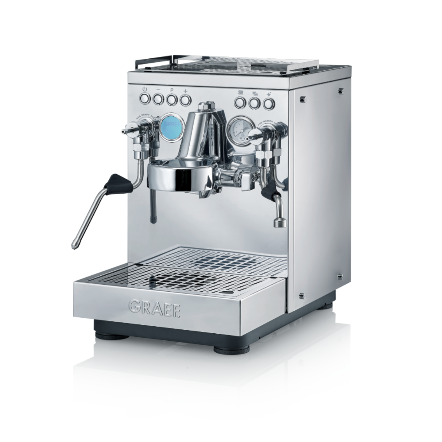 Macchina per espresso in acciaio inox con pulsanti, lancia vapore, rubinetto acqua, logo GRAEF.