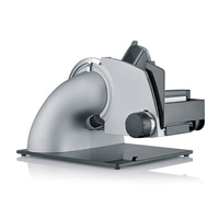 Trancheuse électrique, argentée avec bouton noir et base, pour trancher les aliments