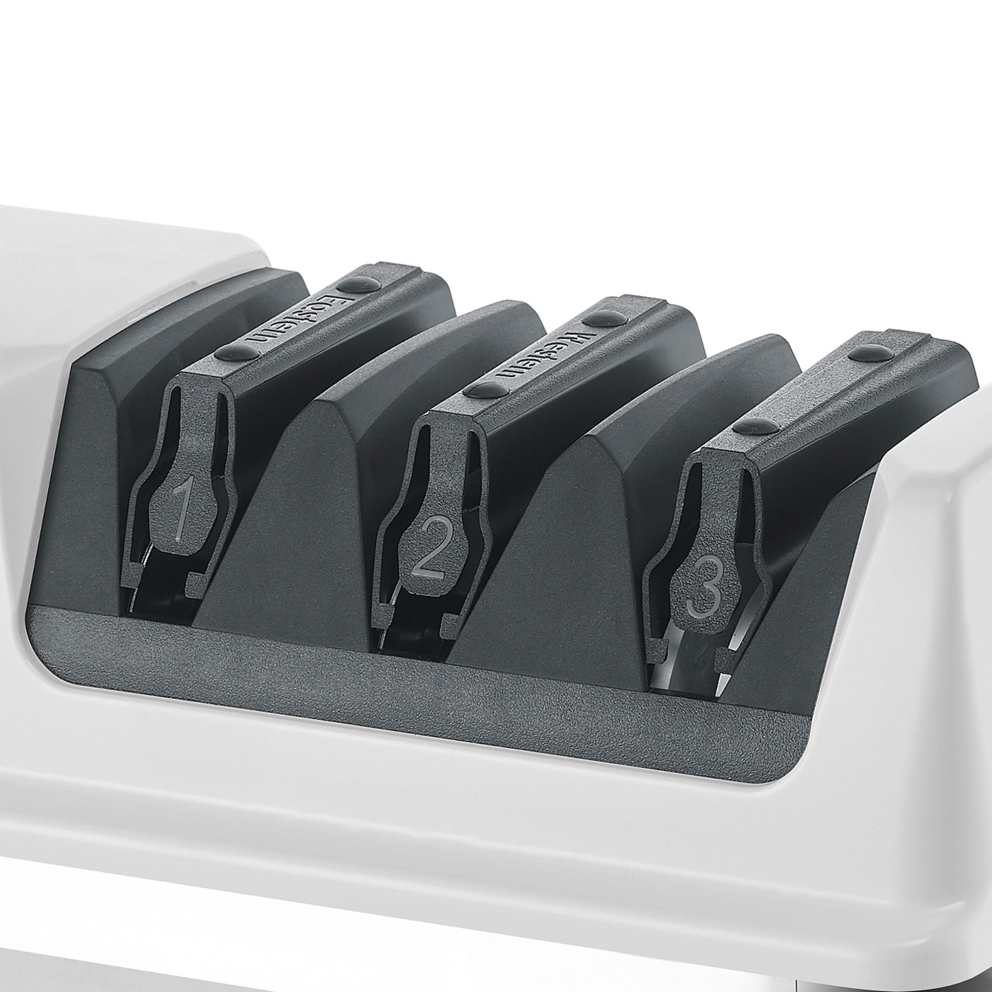 A white knife sharpener with three slots, numbered 1, 2, and 3.