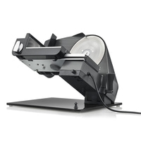 Affettatrice elettrica nera con lama affilata, per tagliare alimenti.