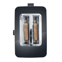 Black toaster with two slices of toast, close-up, isolated on white background