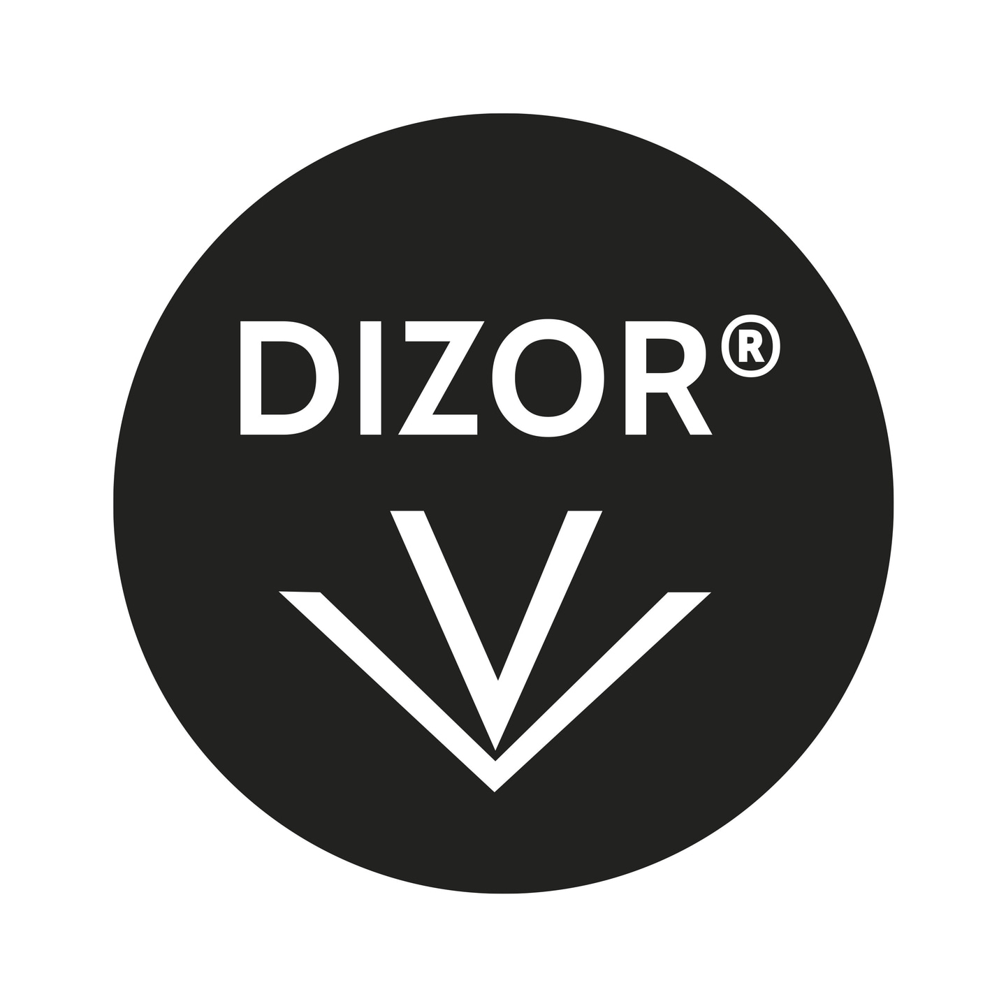 Logo Dizor, cercle noir avec texte blanc et symbole de flèche vers le bas