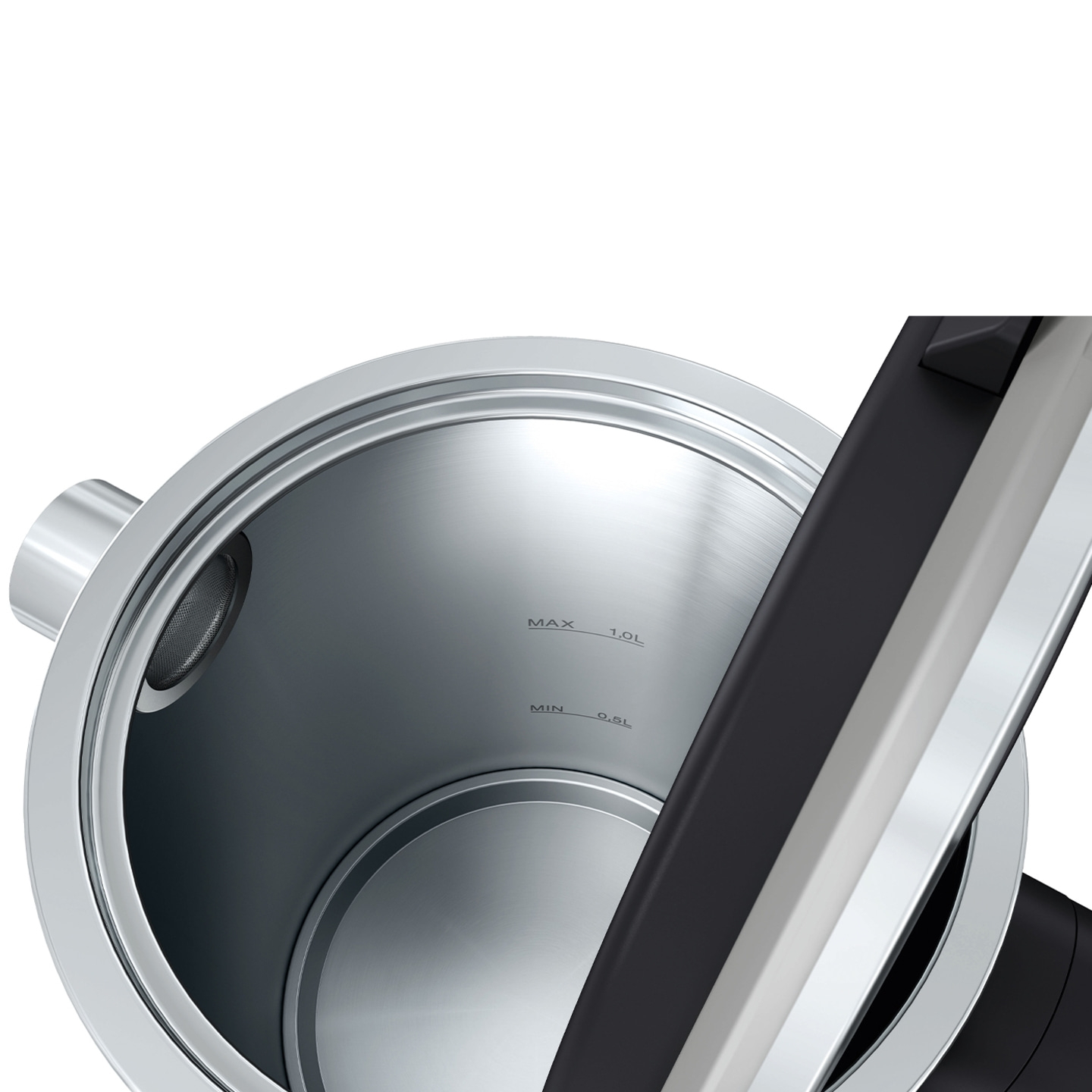 Gros plan d'une bouilloire avec des indicateurs de niveau d'eau pour le maximum et le minimum