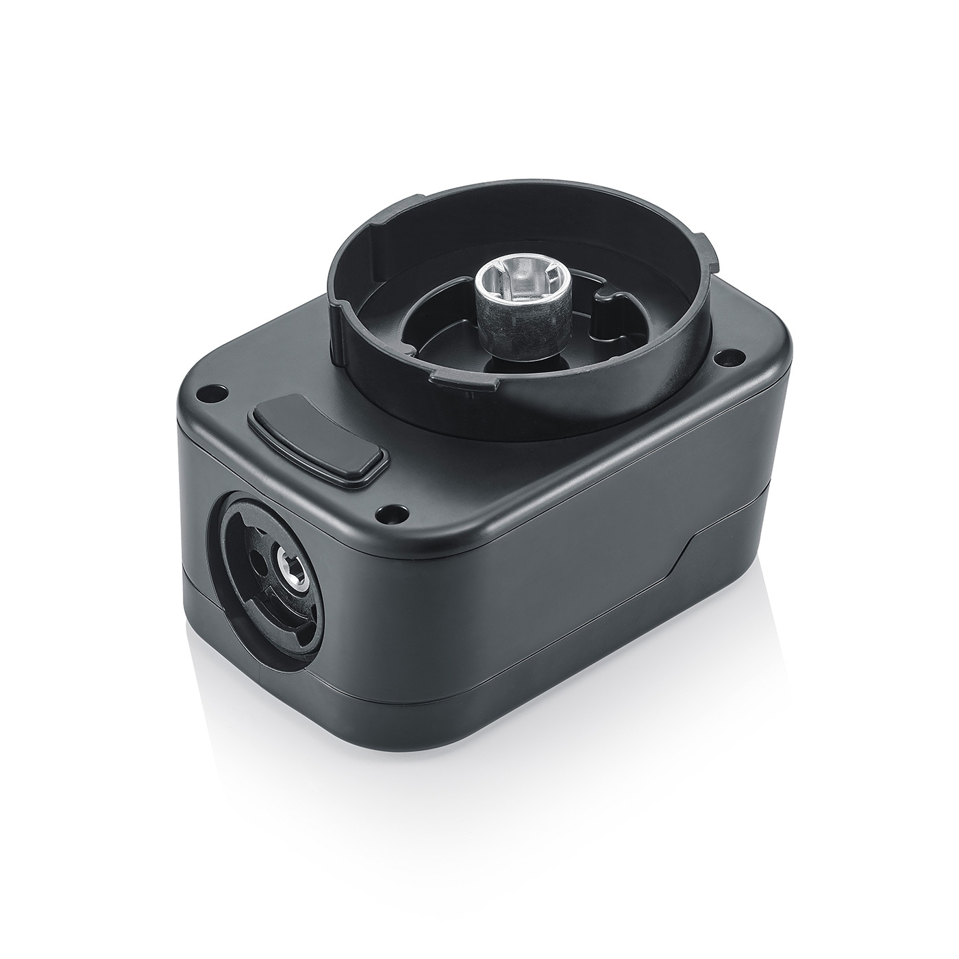 Parte in plastica nera con apertura cilindrica e vite