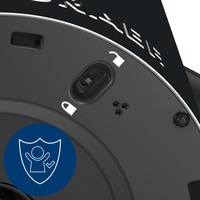 Close-up of a black device with safety features, lock symbols, and child protection