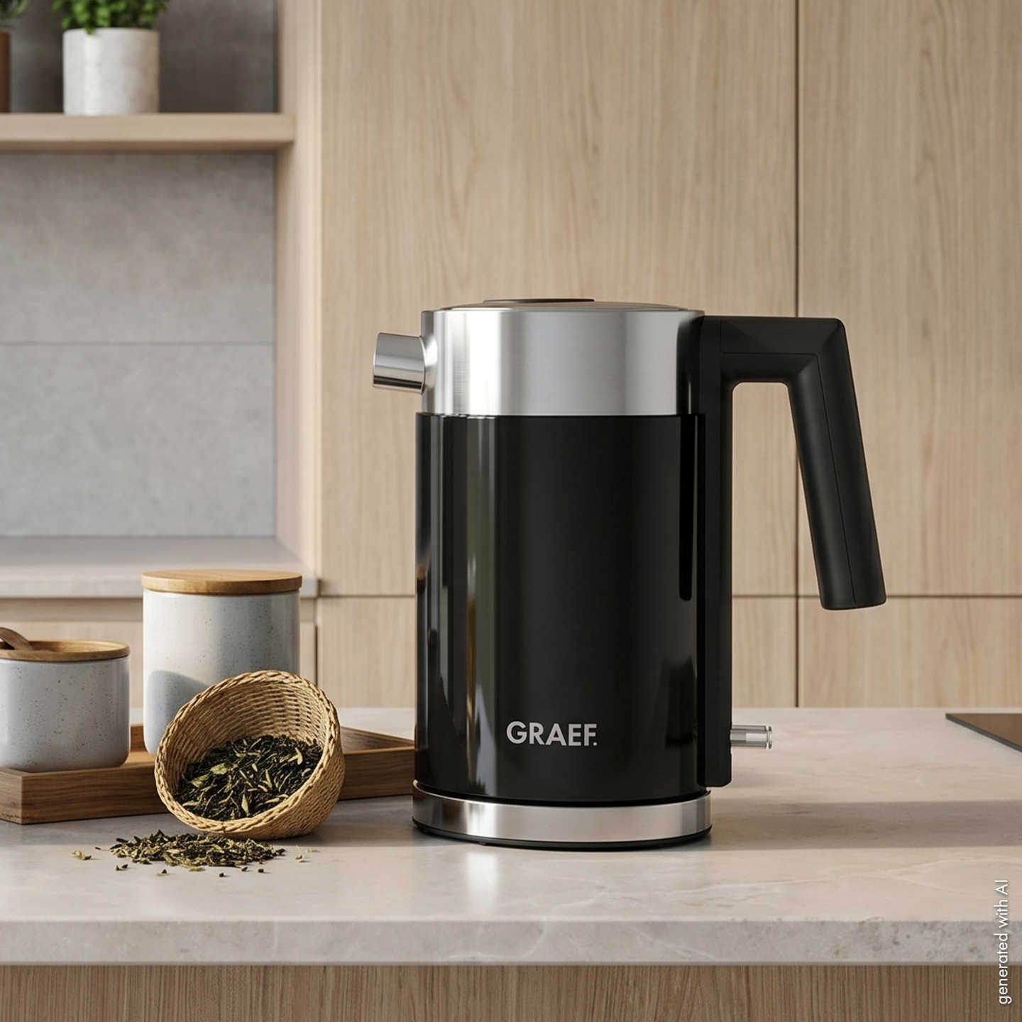Black GRAEF kettle with silver lid and handle, next to tea leaves.