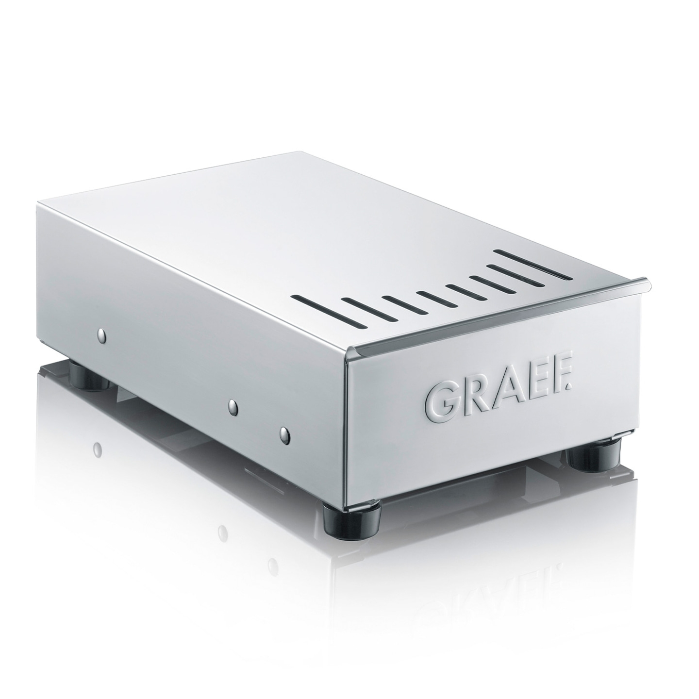 Macchina da caffè GRAEF argentata con piedini neri e fessure sulla parte superiore.