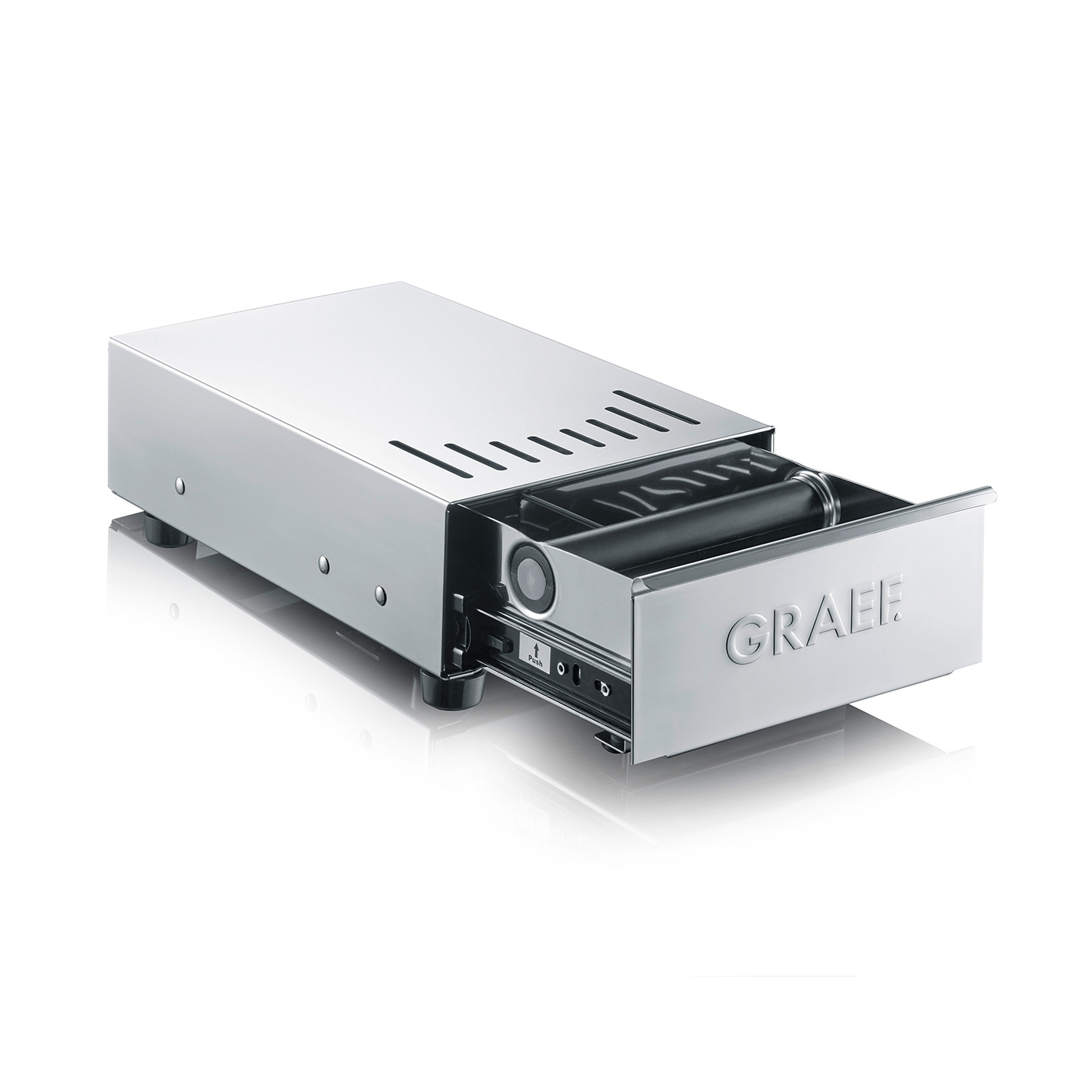 Macchina da caffè argentata con cassetto e logo GRAEF, aperta.