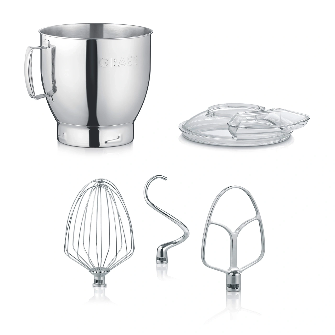 Robot da cucina con accessori: ciotola, coperchio, frusta, gancio impastatore, frusta. Acciaio inossidabile.