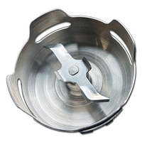 Close-up of a stainless steel blender attachment with blades and holes
