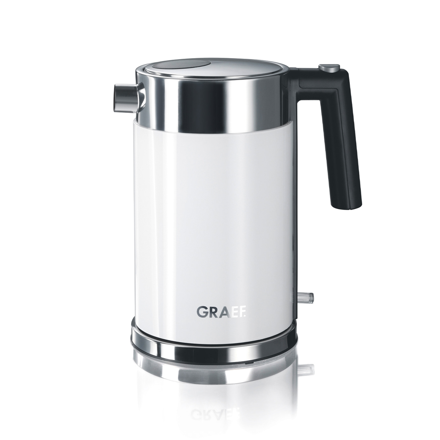 White electric kettle with black handle and silver accents, featuring the GRAEF logo.