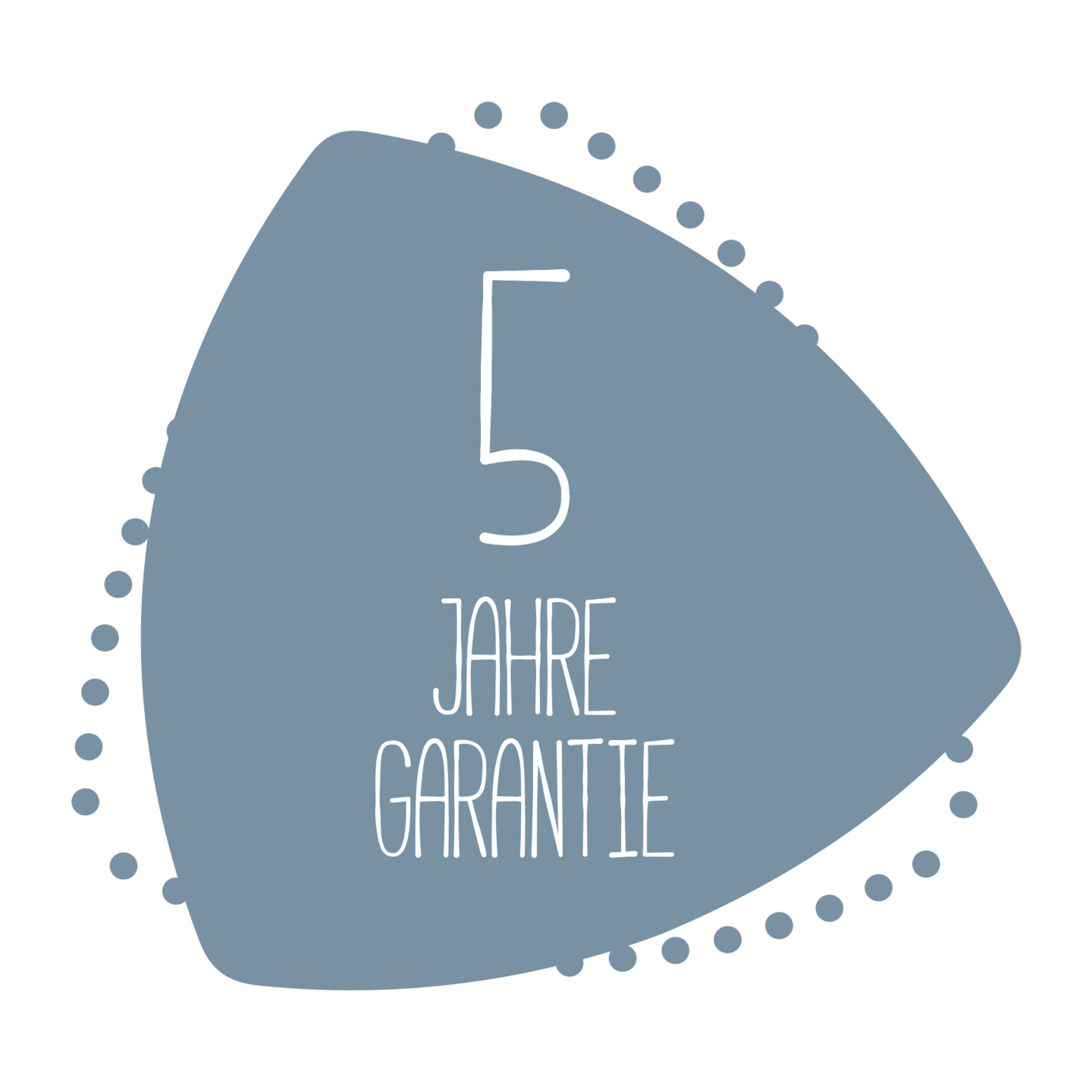 5 ans de garantie, panneau bleu avec texte blanc et points