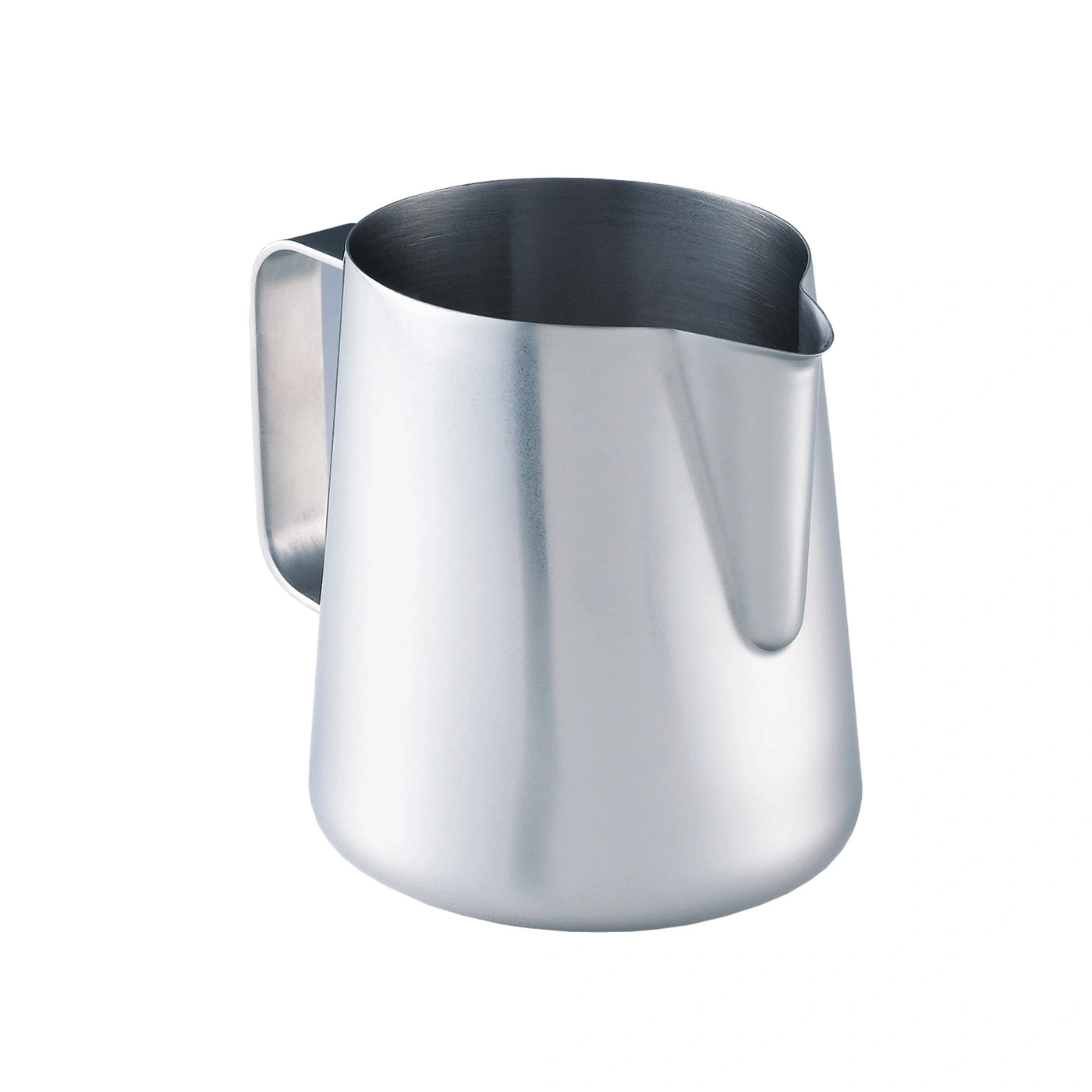 Stainless steel milk pitcher isolated on white background, close-up shot