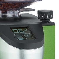 Coffee grinder with display and adjustment wheel for grind size and amount.