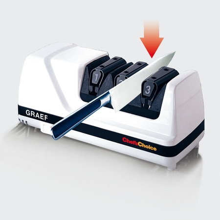 Messer-Schärfer mit Messer. Weißes Gerät mit den Nummern 1, 2, 3. Pfeil.