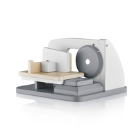 Wooden toy sewing machine, white and gray, isolated on a white background