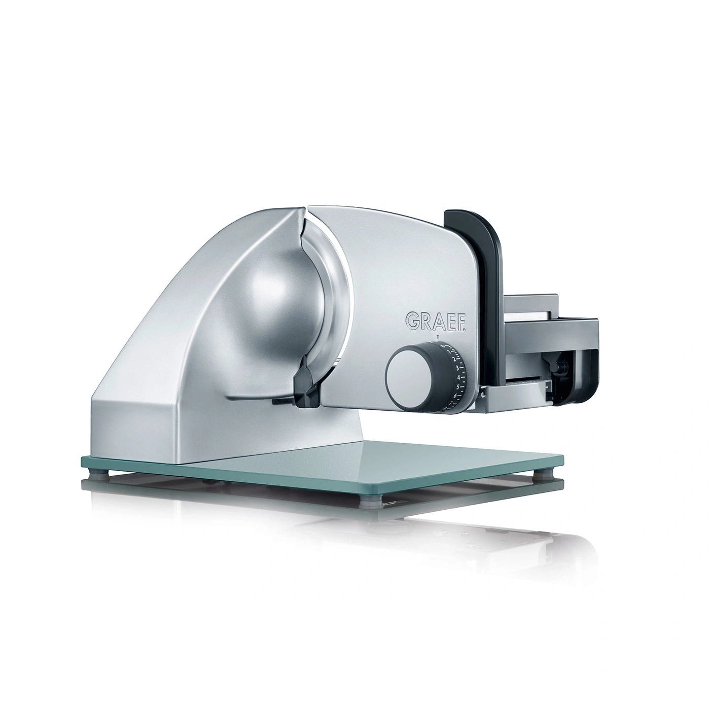 Silver Graef food slicer on glass base, kitchen appliance, for slicing food