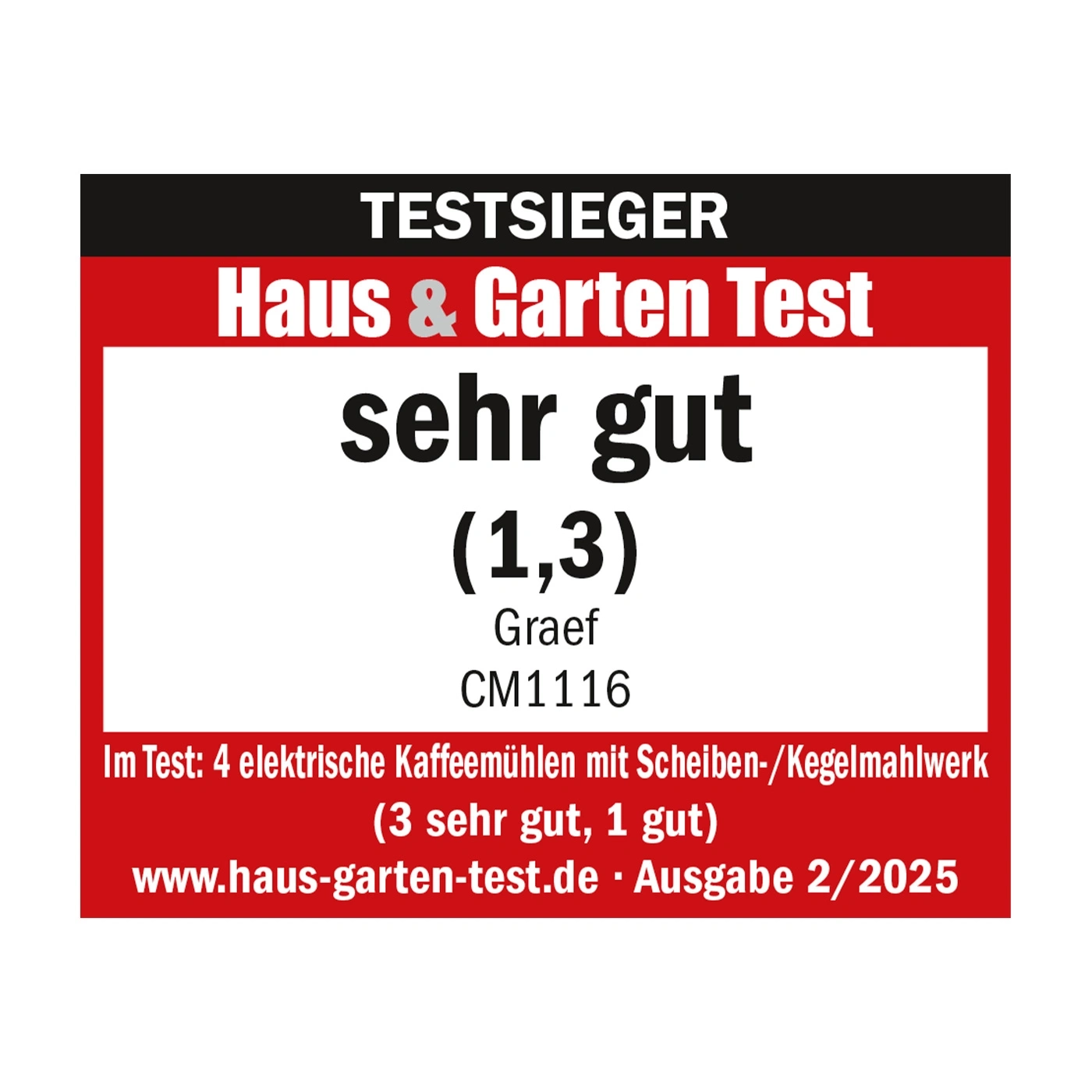 Coffee grinder test result: very good (1.3) from Haus & Garten Test.