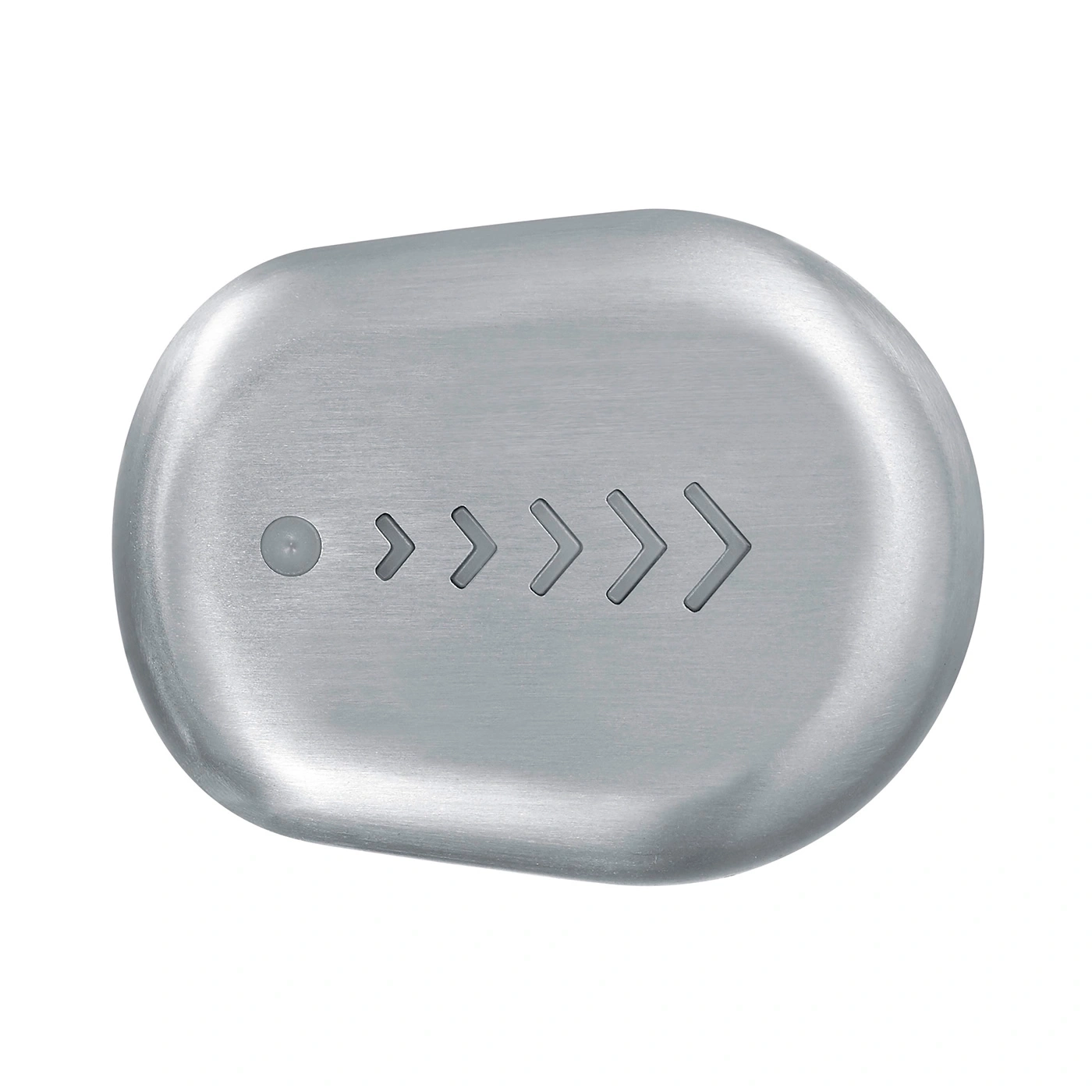 Bouton ovale gris avec flèches et point, surface métallique, design simple